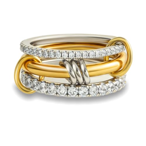 Stackable Rings for Women Non Tarnish,Dainty 18k Gold Plated CZ Cubic Zirconia Rings,Silver and Gold Rings Set,Multi-Link Connected Rings - color: Three rings set