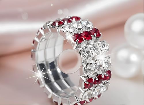 Sparkling Rhinestone Ring Set Trendy Elastic Rhinestone Crystal Stretch Ring Stackable Jewelry for Women Girls - color: 3 Rows Ring-White+Bright Red