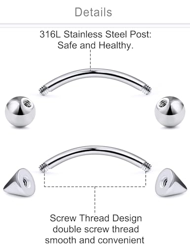 Eyebrow Piercing Jewelry Surgical Steel Curved Barbell Tiny Eyebrow Ring Vertical Labret Lip Jewelry Ear Rook Navel Small Belly Button Ring for Women Men 20g 16g 6mm/8mm/10mm/12mm - color: 16g,silvertone