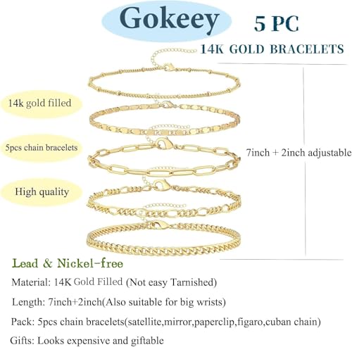 Gold Bracelets Set for Women Non Tarnish Trendy,14K Gold Plated Dainty Stackable Paperclip Cuban Link Chain Bracelets, Simple Cute Cuff Bracelets Jewelry Set Adjustable 7"+2" - color: Gold