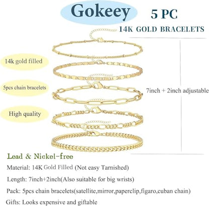 Gold Bracelets Set for Women Non Tarnish Trendy,14K Gold Plated Dainty Stackable Paperclip Cuban Link Chain Bracelets, Simple Cute Cuff Bracelets Jewelry Set Adjustable 7"+2" - color: Gold