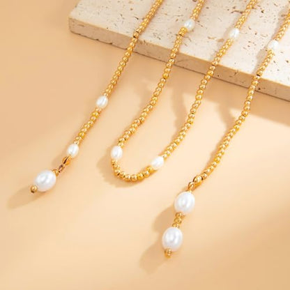 Green Beaded Lariat Necklace with Baroque Pearl Drops – Adjustable Wrap Y Style Jewelry, Beach and Bohemian Outfit Accessory for Women - color: Gold Bead Style