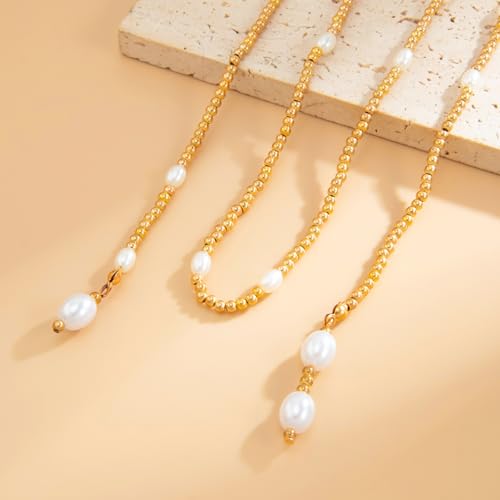 Green Beaded Lariat Necklace with Baroque Pearl Drops – Adjustable Wrap Y Style Jewelry, Beach and Bohemian Outfit Accessory for Women - color: Gold Bead Style