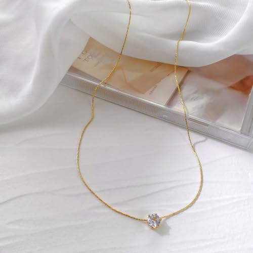 Titanium Steel Cubic Zirconia Pendant Necklace for Women, 1 Piece 16"+2" Adjustable Hypoallergenic Non-Tarnish Dainty Rolo Chain, Minimalist Sparkly Everyday Solitaire Necklace - color: Silver