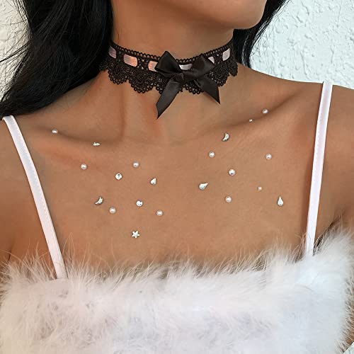 Asphire Sexy Lace Bow-knot Collar Choker Necklace Kawaii Lolita Heart Flower Choker Tie Cravat Jewelry Gift for Women Girls - color: Black