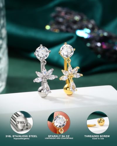 Flower Dangle Belly Button Ring, 14G Gold Reverse Belly Button Piercing for Women, Surgical Steel Silver Navel Piercing Jewelry Hypoallergenic - color: silver