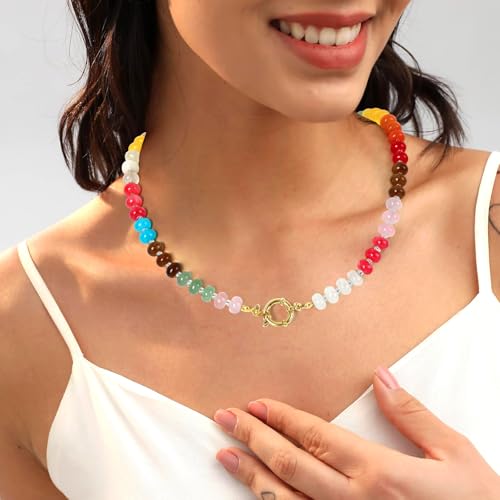 JULBEAR Boho Colorful Beaded Gemstone Choker Necklace for Women | Natural Stone Choker Necklace, Boho Beach Necklace, Rainbow Handmade Summer Stone Jewelry