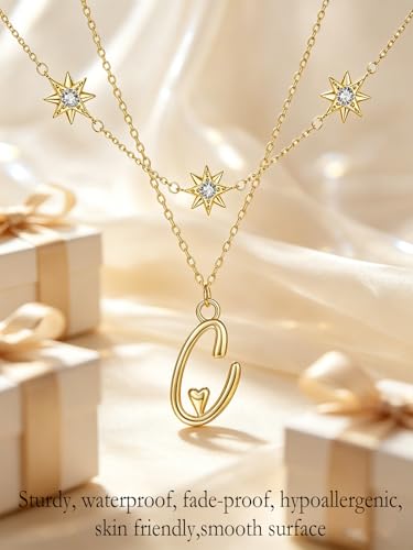 14K Gold A-Z Initial Lette Necklace Star Choker Women Necklace | Personalized Initial Jewelry, Meaningful Name Letter Gift for Women Wife Mom Friend, Perfect Present For Birthday/Anniversary - style: 14K Gold-C