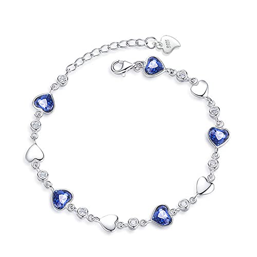 kelistom 925 Sterling Silver Bracelets for Women Teens, Love Heart Charm Chain Bracelet Bangle Fashion Jewelry Gifts - color: heart-2 blue zircon