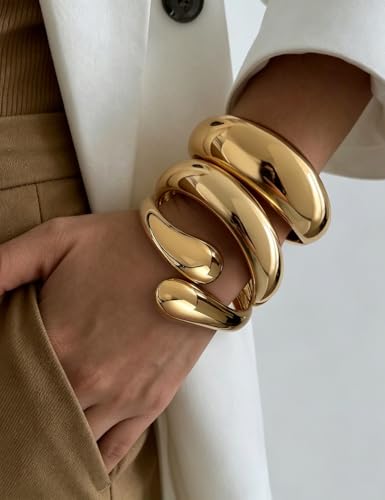Chunky Gold Bangle Bracelets for Women, Dainty 14k Gold Plated Big Stackable Bangles Set, Trendy Statement Cuff Bracelet Stack Fashion Jewelry Gifts - style: 3 Big chunky bangles