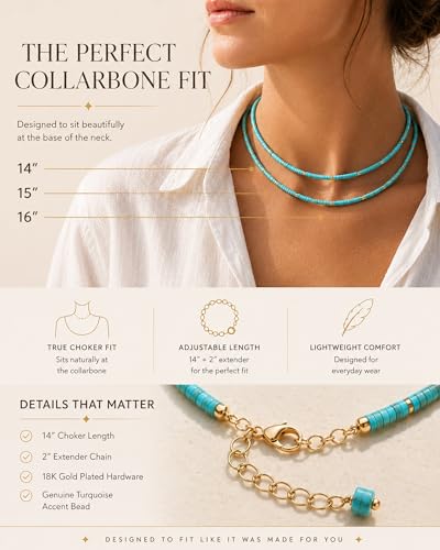 Natural Heishi Gemstone Choker Necklace for Women, Adjustable 15"+2" Beaded Layering Necklace, Coastal Beach Jewelry Gift for Her - color: Turquoise