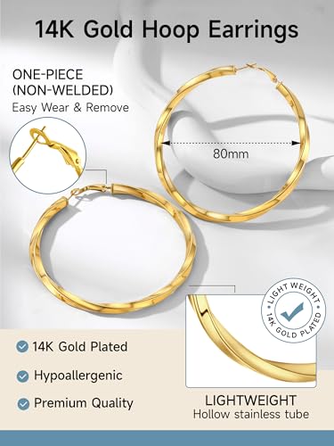 PROSTEEL Chunky Hoop Earrings for Women 14K Gold Plated/Black/Silver | 20/30/40/50/60/70/80mm Stainless Steel Thick Big Round Hoop with Waterproof and Non Tarnish Trendy Jewelry with Gift Box - color: 4. Gold, size: 80MM