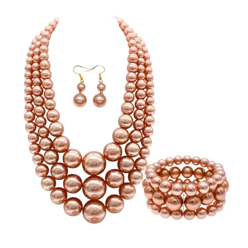 We We Imitation Pearl Necklace for Women Large Chunky Pearl Necklaces Multilayer Pearl Necklace and Earring 1920s Costume Jewelry set - color: champagne pearl necklace set