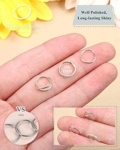 BodyBonita 3pcs Nose Rings Hoops - Double Hoop Nose Ring 14/16/18/20G Hinged CZ Piercing Jewelry Septum Clicker Rings Cartilage Earring Helix Rook Tragus Daith 7mm/8mm/9mm/10mm - color: Silver, size: 20 gauge(0.8mm)-8mm