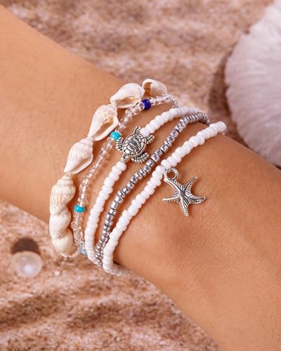 Shell Bracelets for Women Layered Seashell Starfish Bracelets Stackable Stretch Boho Beaded Bracelet Summer Beach Surfer Bracelet Seaside Beach Dress Outfits Accessories - color: A6:shell bracelets