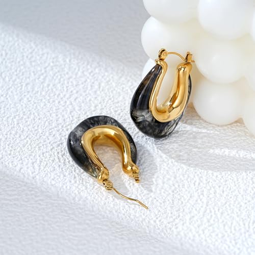 Enamel Hoop Earring for Women 18k Gold Plated Chunky Two-Tone U/C Shaped Earring Enamel Jewelry Gift for Wife Girlfriend - color: Black 1