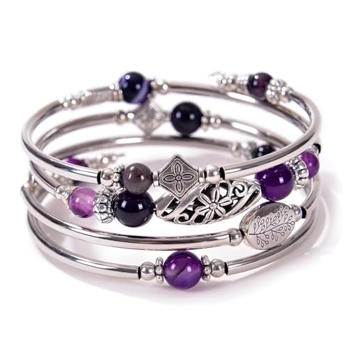 Boho Wrap Beaded Bracelet for Women – Handmade Natural Stone Jewelry – Stainless Steel Adjustable Ethnic Chic Gift - color: Purple Striped Agate