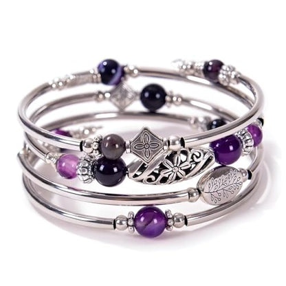 Boho Wrap Beaded Bracelet for Women – Handmade Natural Stone Jewelry – Stainless Steel Adjustable Ethnic Chic Gift - color: Purple Striped Agate