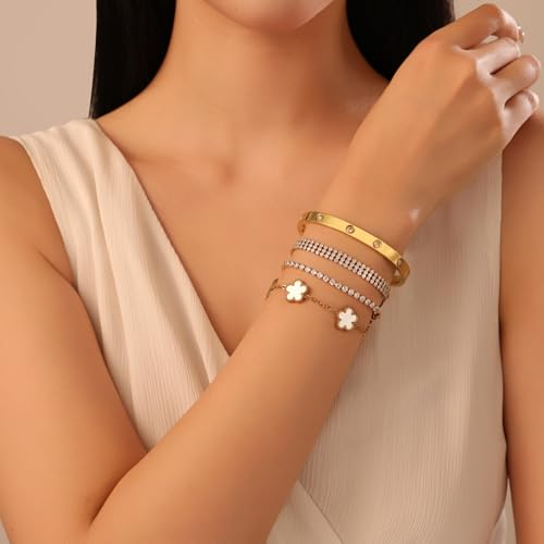 18 K Gold Plated Love Bangle Bracelet Stack for Women,Set of 4 Floral Clover Chain, Tennis Crystal &Gold Stackable Bangle Bracelet -Adjustable Layered Jewelry Gift for Wife Valentines Mother's Day-MVCOLEDY - color: White Flower CZ
