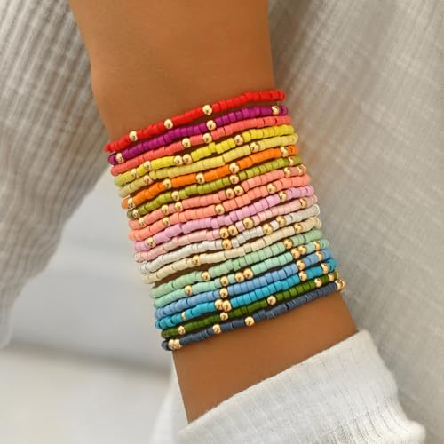 Cute Handmade Colorful Tiny Seed Beads Stackable Bracelets Set Bohemian Gold Beaded Elastic Multilayered Stretch Bracelet for Women Rainbow Surfer Boho Beach Jewelry - style: Set A