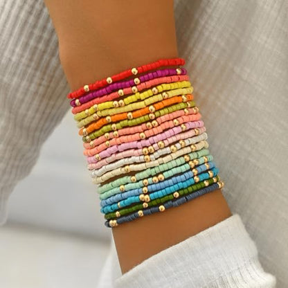 Cute Handmade Colorful Tiny Seed Beads Stackable Bracelets Set Bohemian Gold Beaded Elastic Multilayered Stretch Bracelet for Women Rainbow Surfer Boho Beach Jewelry - style: Set A