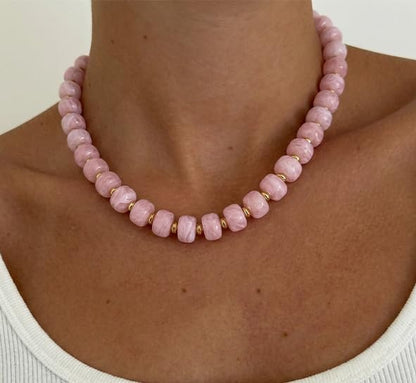 Beaded necklace for Women Boho Bead Gemstone Chunky Necklace Big Bead Necklace Fashion Trendy Summer Necklaces Jewelry Gifts - color: Pink Beaded