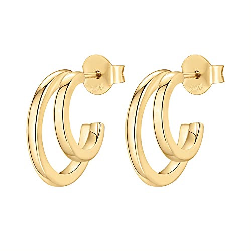 PAVOI 14K Gold Plated Multi Huggie Hoop Earrings for Women - 925 Sterling Silver Posts Triple Split Hoop Gold Earrings for Women - Trendy Fashion Jewelry - style: Double