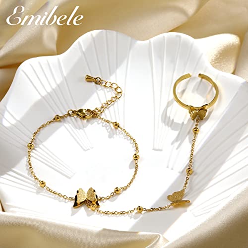 Emibele Gold Bracelets for Women, 18K Gold Plated Hand Chain, Cubic Zirconia Stainless Steel Non Tarnish Hand Chain Bracelet with Finger Ring, Adjustable Trendy Jewelry Valentines Day Gifts for Women - style: Butterfly Pendant