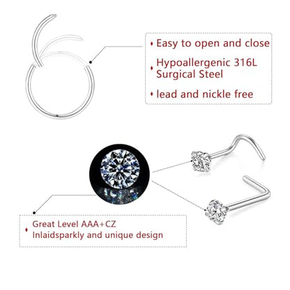 15PCS 14K Gold Plated Nose Rings Studs Set for New Piercing Beginners - color: Silver-18g 9pcs Hoops and Stud set