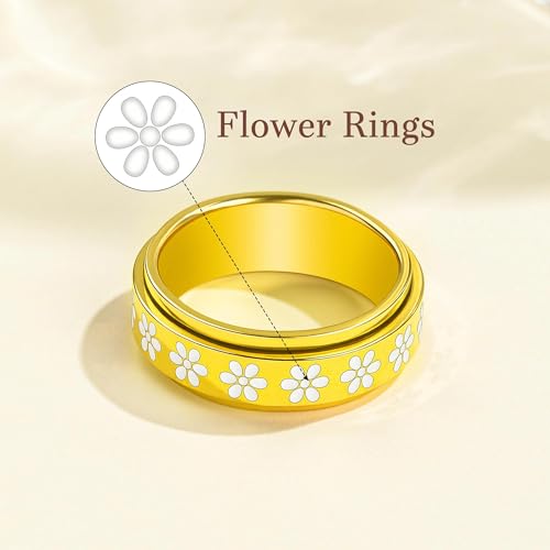 Fidget Anxiety Spinner Rings for Women | 14K Gold Silver Plated, 8mm Thick Stainless Steel Band Ring, Statement Cross Flower Spinning Rings, Jewelry Gifts, Size 6-10 - color: Gold-Flower