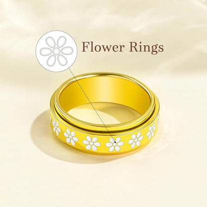Fidget Anxiety Spinner Rings for Women | 14K Gold Silver Plated, 8mm Thick Stainless Steel Band Ring, Statement Cross Flower Spinning Rings, Jewelry Gifts, Size 6-10 - color: Gold-Flower