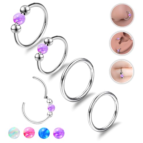 4PCS Nose Rings Opal 18G Nose Hoops 316L Surgical Steel Hypoallergernic Nose Piercings Jewelry for Women Nose Rings Suitable for Septum Rings Cartilage Earring Tragus Earring - color: Silver Purple, size: 4 PCS 18G 8mm*10mm