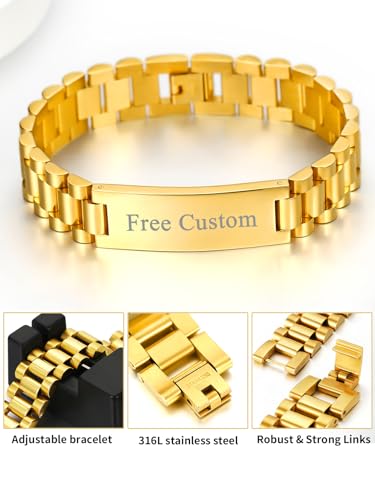 ChainsHouse Men Stainless Steel Bracelet Adjustable Custom ID Engraved Gift | Personalized Silver/Gold/Black for Birthday Father Husband Boyfriend with Gift Box Adjustable Tool 10mm/15mm/15.5mm 8.3"/8.7" - color: L.15mm Width-Gold-Text Custom