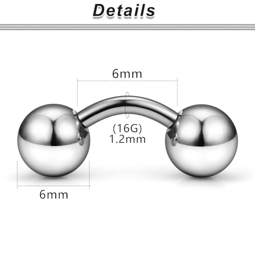G23 Titanium 16G 14G 12G Big Piercing Balls PA Rings Piercing Jewelry Hypoallergenic Externally Threaded Curved Barbell VCH Piercing Jewelry Women Men 6mm 8mm 10mm Balls - style: 16G Titanium-6mm bars-6mm balls