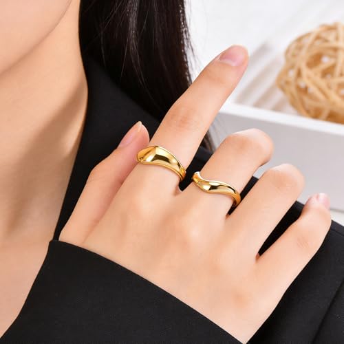 Stacking Rings for Women Gold Plated Wavy Pinky Thumb Ring Stack Size 4-9 - color: Gold1