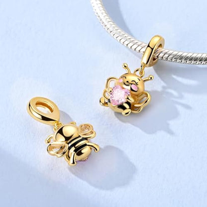Hapour 925 Sterling Silver Charms for Bracelet Necklace Dangle Pendant Bead | Whale Shark Charm, Glow in the Dark, Matryoshka Russian Doll Baking European Jewelry Charm, 14k Gold Plated - style: Golden Honeybee Holding a Heart