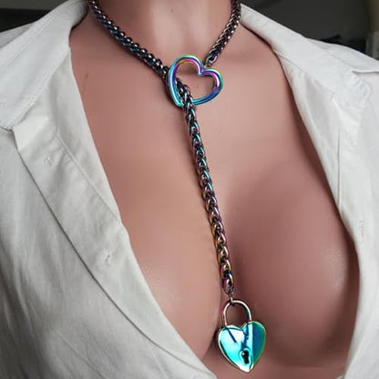 MIFYNN Heart O ring Slip Chain Necklaces for Women Stainless Steel Cuban Chain Bar Necklace Punk Rock Collar Necklace Handmade Adjustable Lariat Y Necklaces for Men - color: Multicolor lock