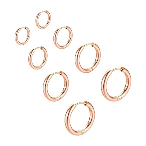 4 Pairs Small Gold Silver Huggie Hoop Earrings for Women Surgical Steel Set | 14K Gold Plated 316L Stainless Steel, 6/8/10/12 mm, Hypoallergenic, Lightweight, Mini Jewelry - color: Rose Gold/4 Pairs
