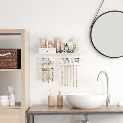 VINAEMO Jewelry Organizer Hanging Wall Mounted Jewelry Holder with Rustic Wood Drawer & Large Capacity Storage Shelf Rack Display for Earrings Rings Necklaces Bracelet(White Iron) - color: White Iron