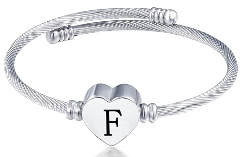 MUERDOU Initial Bracelet for Women Alphabet 26 Letters Bracelet Heart Cable Charm Bracelets Gifts for Her - style: F