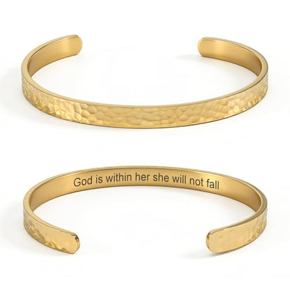 Inspirational Bible Verse Cuff Bracelet for Women, 18K Gold Plated Hammered Bangle, Christian Faith Jewelry Gift, Adjustable Non Tarnish - color: God is within her she will not fall-Hammered Gold