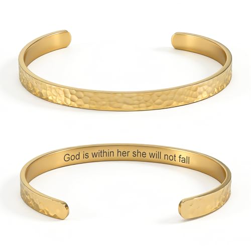Inspirational Bible Verse Cuff Bracelet for Women, 18K Gold Plated Hammered Bangle, Christian Faith Jewelry Gift, Adjustable Non Tarnish - color: God is within her she will not fall-Hammered Gold