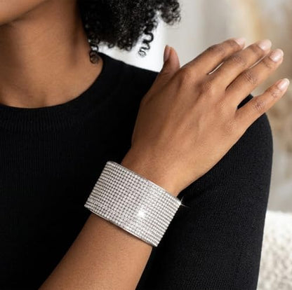 Rhinestone Bracelet Crystal Arm Cuff Bangle Bracelets for Women Adjustable | Open Cuff, Wide Arm Bangle, Stretchable, Hypoallergenic, Bridal Jewelry, for Prom Cocktail Party Wedding Dating - color: Silver