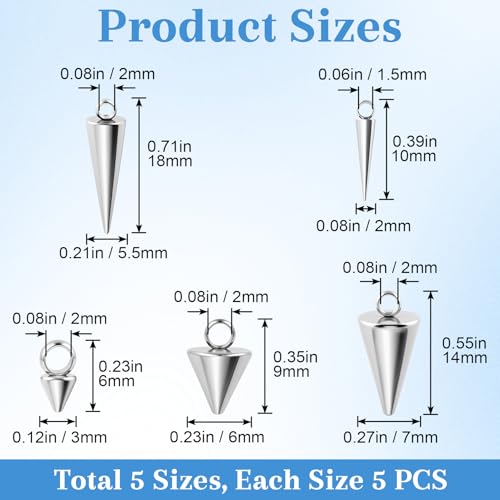 Cone Charm, Punk Style Spike Pendants with Small Hole, Glossy Gothic Dangle Cone Pendants Charm - color: Silver,Stainless Steel,25pcs,5 sizes