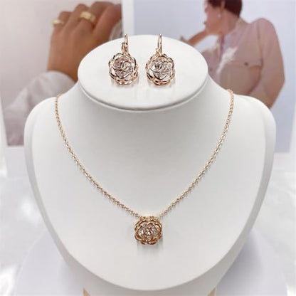 Rose Flower Jewelry Sets for Women Dainty Blooming Filigree Flower Austrian Crystal Choker Necklace Earring Set for Wedding Valentine Fashion Jewelry for Brides Bridesmai - color: Rose Gold