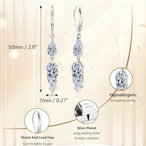 ALEXCRAFT Silver Long Teardrop Dangle Earrings for Women Hypoallergenic Cubic Zirconia Drop Leverback Earrings Trendy CZ 2-Stone Long Crystal Teardrop Dangle Earings for Jewelry Gifts - color: Silver