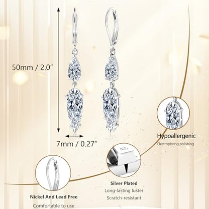 ALEXCRAFT Silver Long Teardrop Dangle Earrings for Women Hypoallergenic Cubic Zirconia Drop Leverback Earrings Trendy CZ 2-Stone Long Crystal Teardrop Dangle Earings for Jewelry Gifts - color: Silver