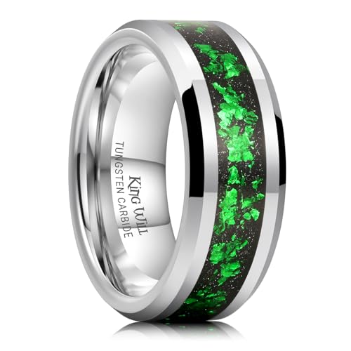 King Will Mens Wedding Band with Foils Inlay, Black/Silver/Gold | Black, 6mm/8mm, Beveled Edge, Comfort Fit, Glowstone Ring, Everyday Wear - color: Silver&Green-8mm
