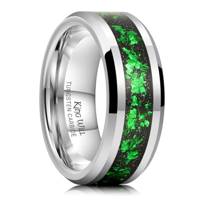King Will Mens Wedding Band with Foils Inlay, Black/Silver/Gold | Black, 6mm/8mm, Beveled Edge, Comfort Fit, Glowstone Ring, Everyday Wear - color: Silver&Green-8mm