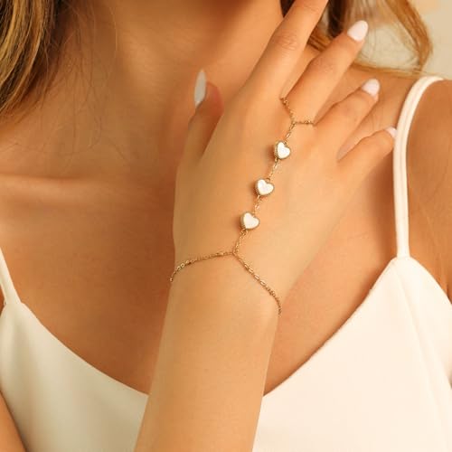 Hand Chain Bracelets for Women 14K Gold Plated Dainty Link Bracelet Bracelets Trendy Ring Bracelet Birthday Jewelry Gifts for Women - style: White Heart